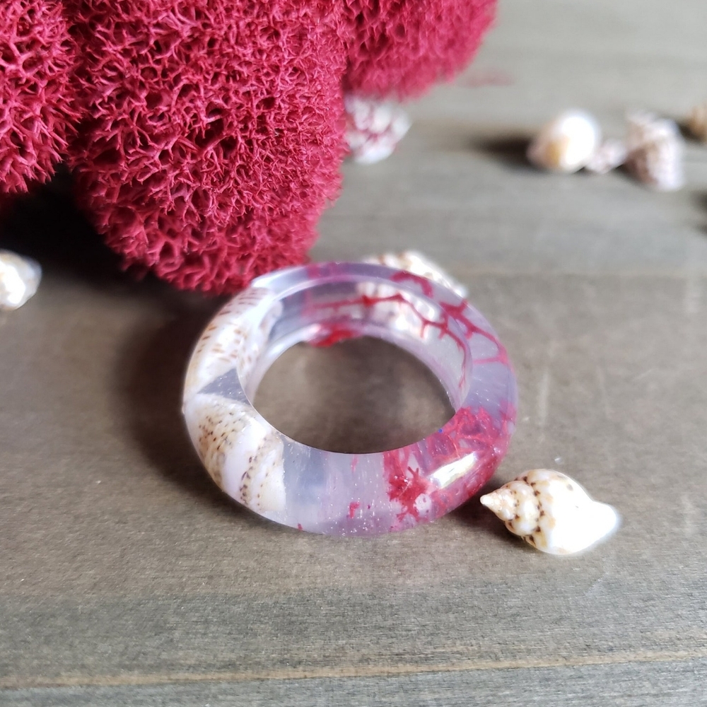 Red Coral Ocean Resin Ring- Red Moss Resin Jewelry- Resin Rings- Seashell Ring-